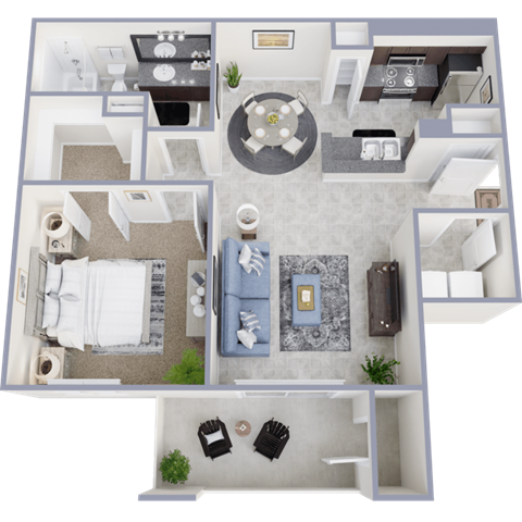 Floor plan for 1 bed, 1 bath, 735 sqft